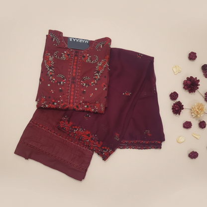Maria B Inspired Maroon Embroidered Cotton Lawn Suit – Stitched 3pc-RW3-155