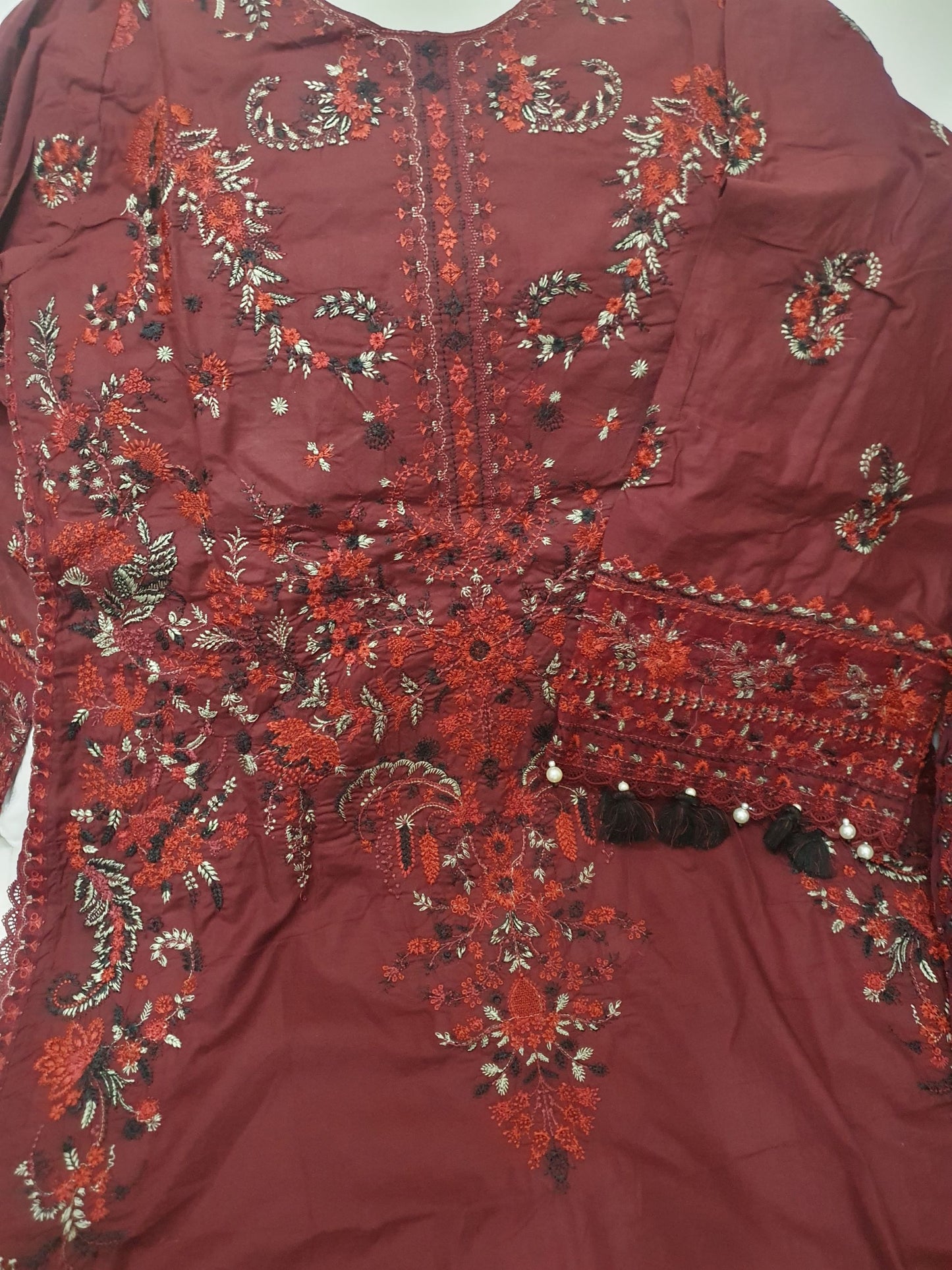 Maria B Inspired Maroon Embroidered Cotton Lawn Suit – Stitched 3pc-RW3-155