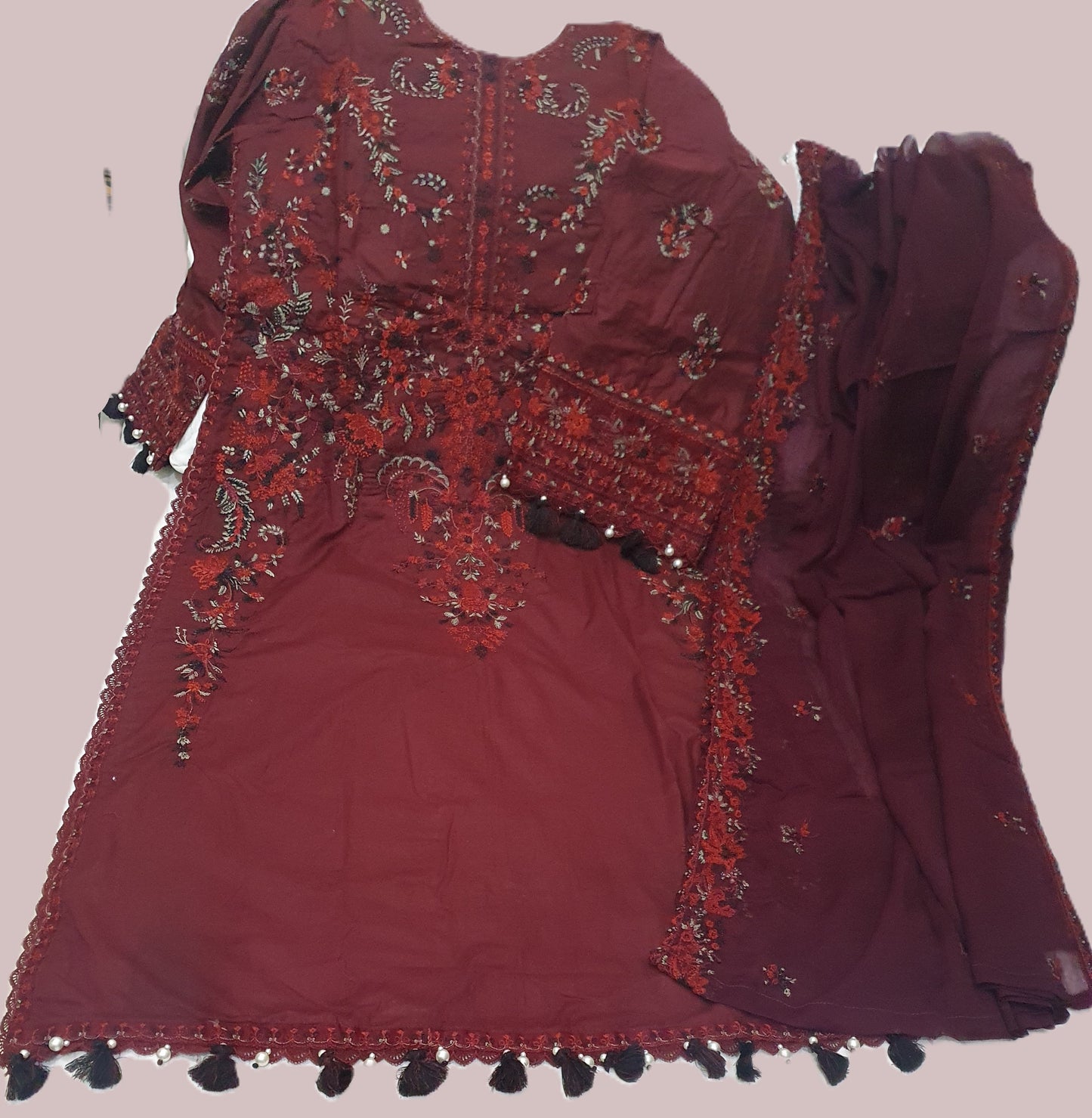 Maria B Inspired Maroon Embroidered Cotton Lawn Suit – Stitched 3pc-RW3-155
