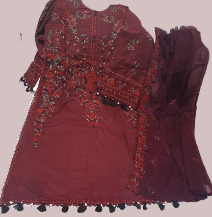 Maria B Inspired Maroon Embroidered Cotton Lawn Suit – Stitched 3pc-RW3-155