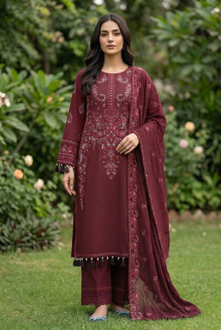 Maria B Inspired Maroon Embroidered Cotton Lawn Suit – Stitched 3pc-RW3-155