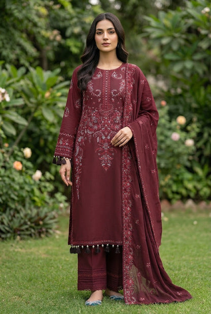 Maria B Inspired Maroon Embroidered Cotton Lawn Suit – Stitched 3pc-RW3-155
