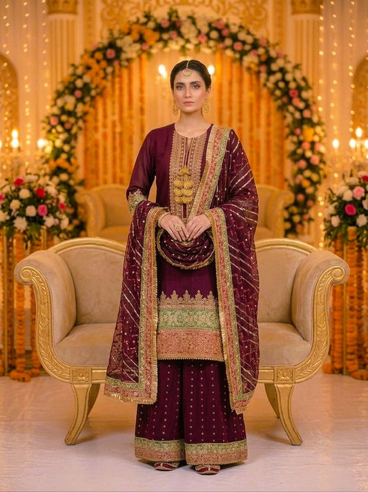 Maria B Inspired Maroon Embroidered Chiffon Suit – Stitched 3pc-RW3-162