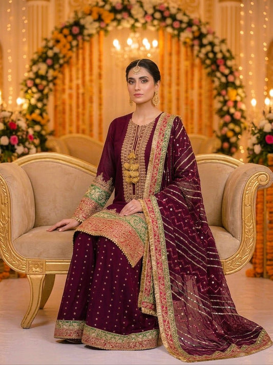 Maria B Inspired Maroon Embroidered Chiffon Suit – Stitched 3pc-RW3-162