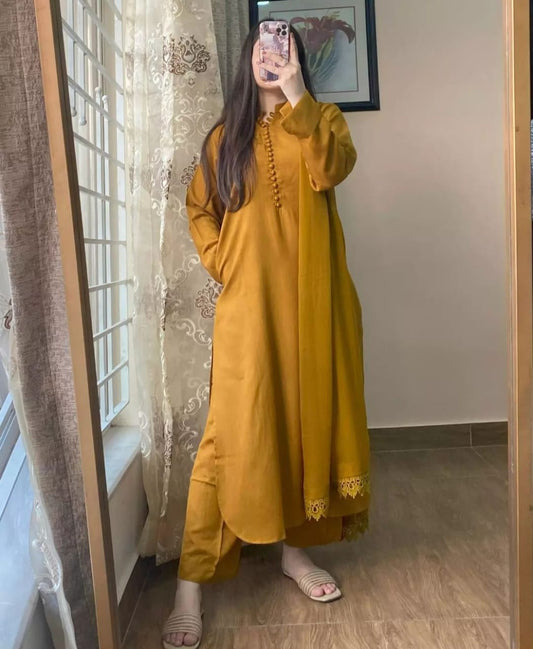 Mustard cotton 3-piece stitched suit with lace embroidery and chiffon dupatta