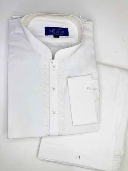 Men’s Embroidered Off-White Shalwar Kameez – Stitched- MRW03