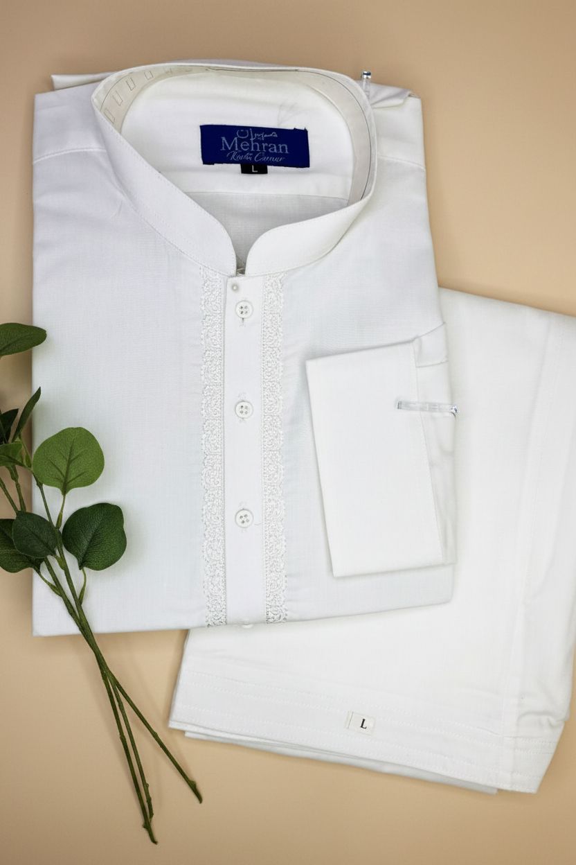 Men’s Embroidered Off-White Shalwar Kameez – Stitched- MRW03