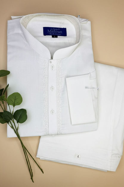 Men’s Embroidered Off-White Shalwar Kameez – Stitched- MRW03