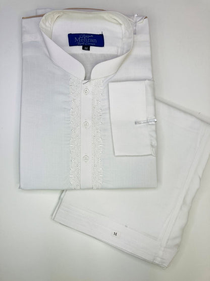 Men’s Embroidered Off-White Shalwar Kameez – Stitched- MRW04