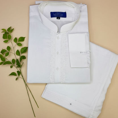 Men’s Embroidered Off-White Shalwar Kameez – Stitched- MRW04