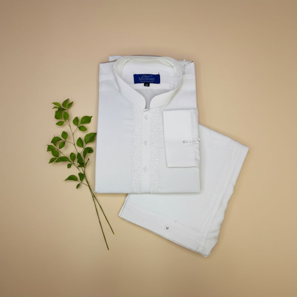 Men’s Embroidered Off-White Shalwar Kameez – Stitched- MRW04