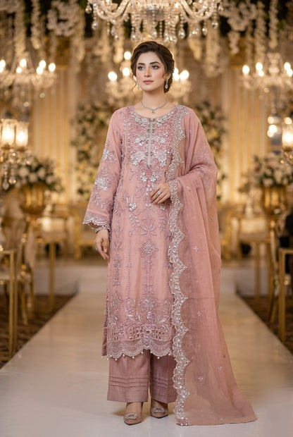 Maria B Inspired Peach Embroidered Chiffon Suit – Stitched 3pc-RW3-137