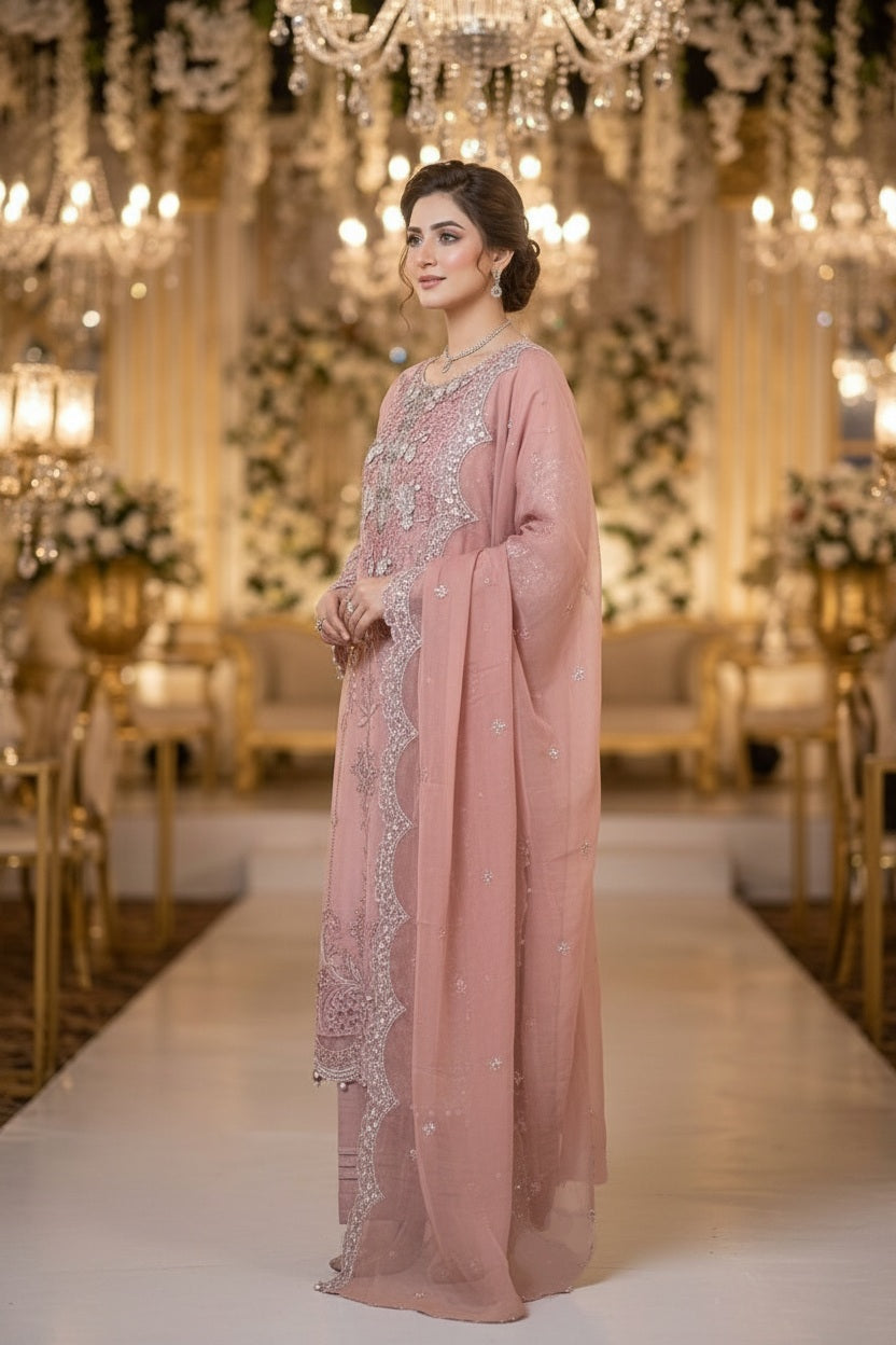 Maria B Inspired Peach Embroidered Chiffon Suit – Stitched 3pc-RW3-137
