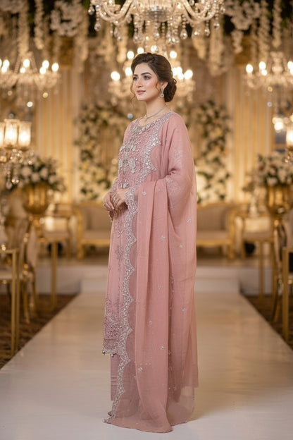 Maria B Inspired Peach Embroidered Chiffon Suit – Stitched 3pc-RW3-137