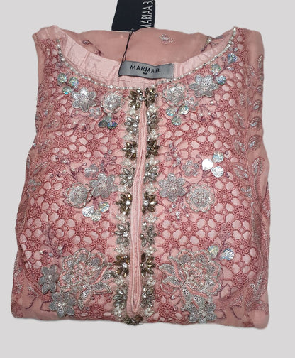 Maria B Inspired Peach Embroidered Chiffon Suit – Stitched 3pc-RW3-137