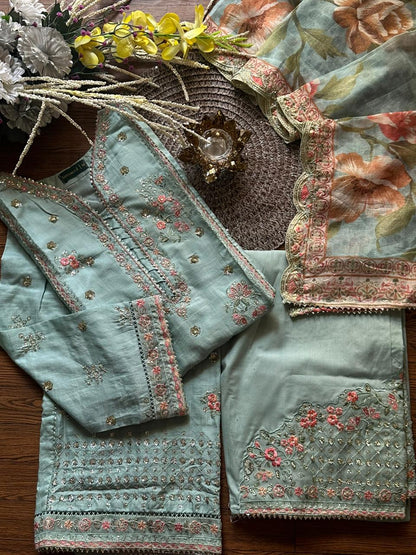 Bin Saeed Light SeaGreen Luxury Embroidered Jacquard Stitched 3pc-RW3-57