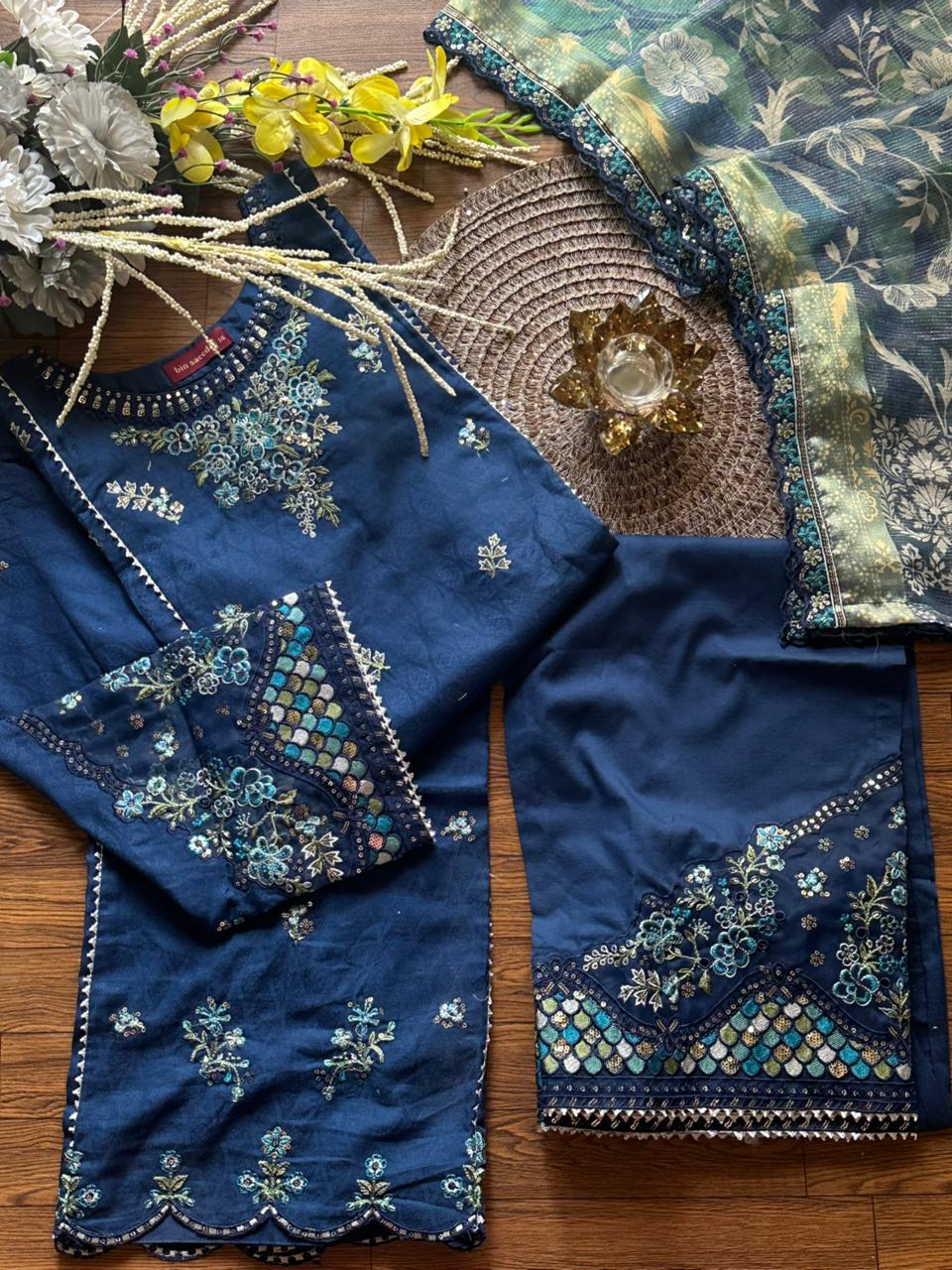 Bin Saeed Blue Luxury Embroidered Jacquard Stitched 3pc-RW3-54