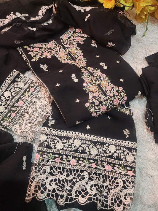 Black Embroidered Chiffon Stitched 3Pc