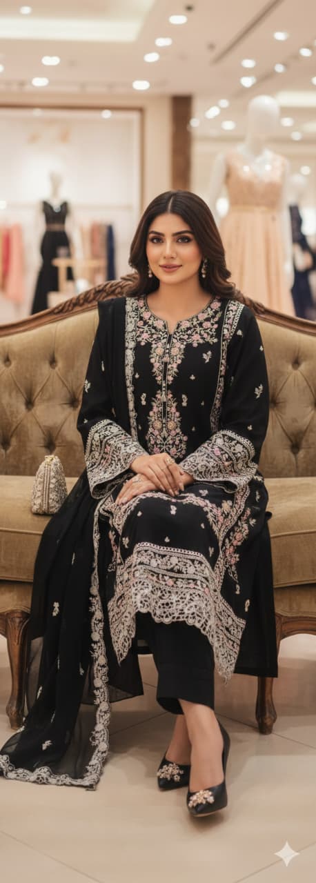 Black Embroidered Chiffon Stitched 3Pc