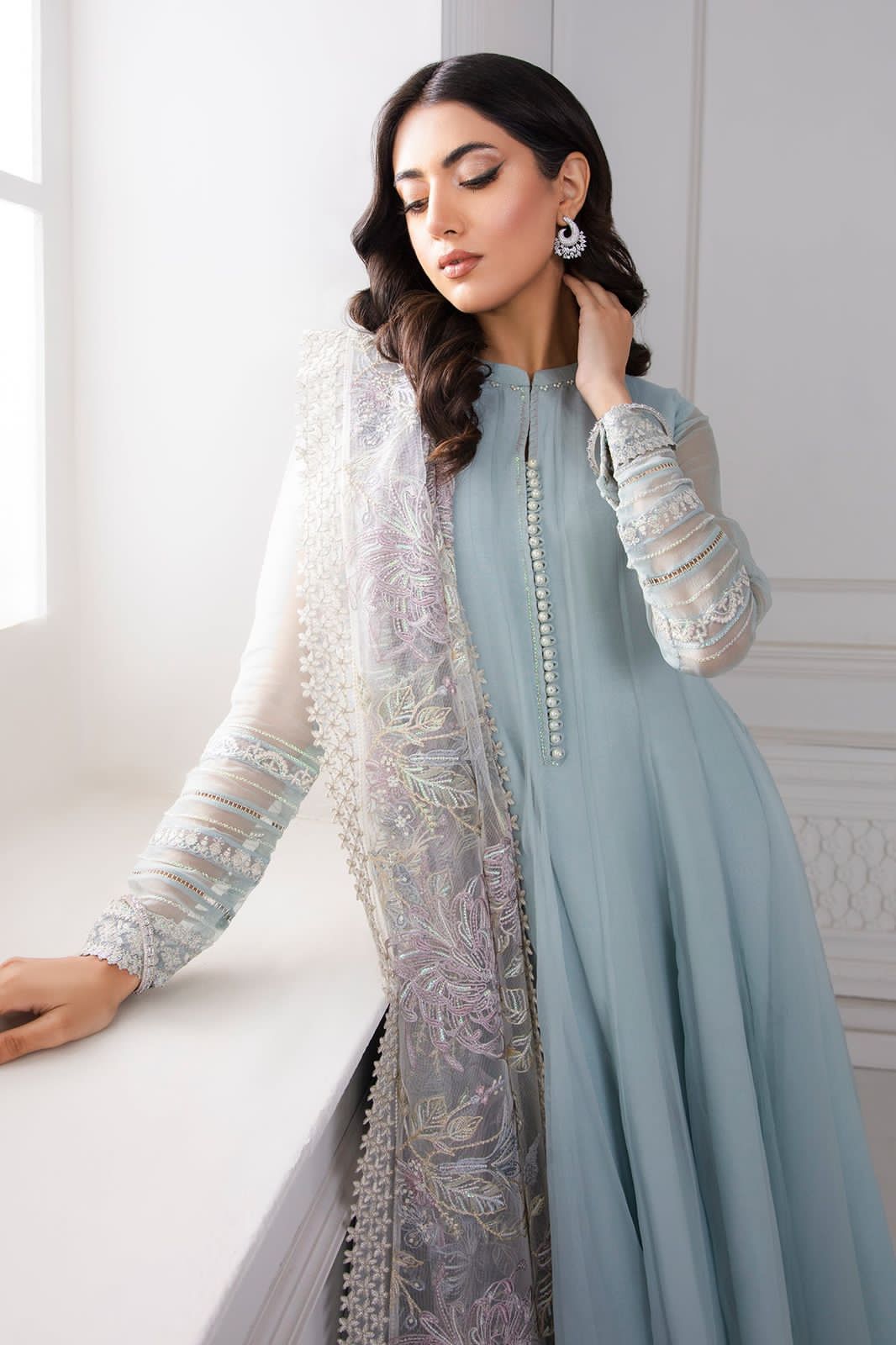 Light Blue Pure Chiffon Flairy Frock Stitched 3pc - RW3-43