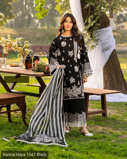 Karma Haya black embroidered lawn 3-piece stitched suit with coordinated dupatta