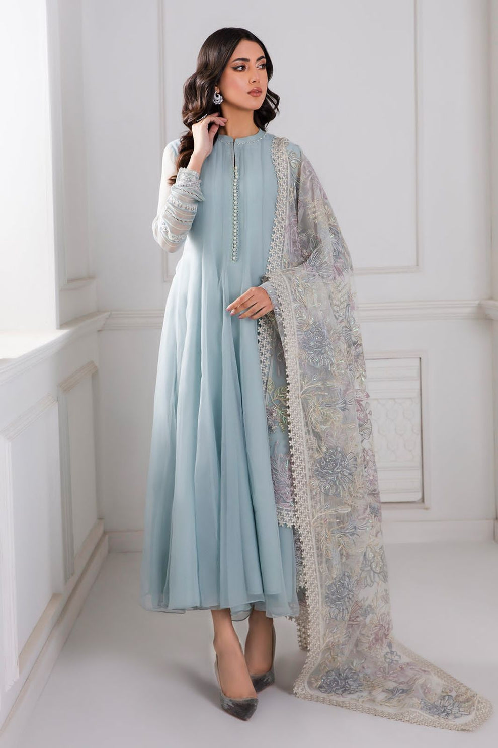 Light Blue Chiffon Flairy Frock 3pc Stitched KhaasTrends — free download