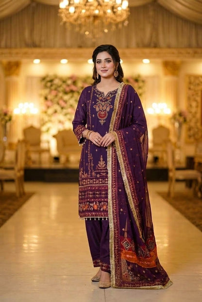 Maria B Inspired Plum  Embroidered Chiffon Shalwar kameez – Stitched 3pc-RW3-227