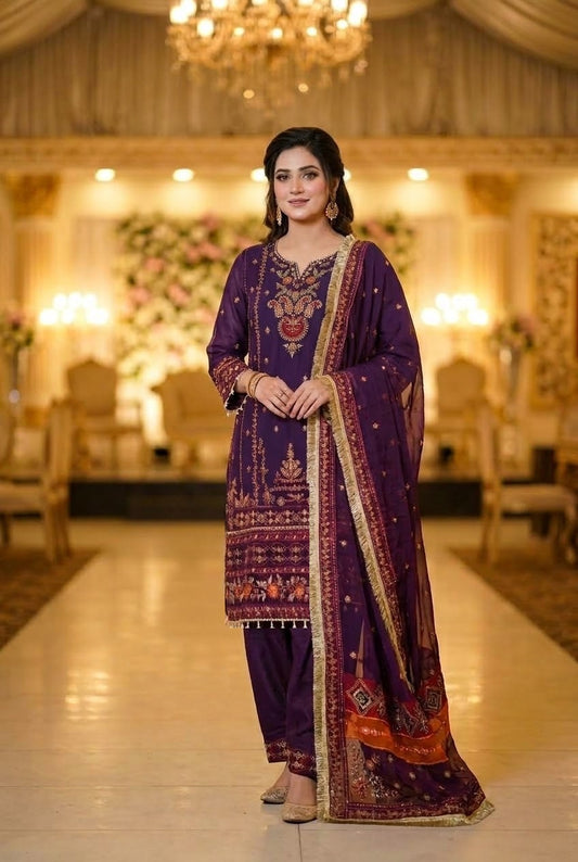 Maria B Inspired Plum  Embroidered Chiffon Shalwar kameez – Stitched 3pc-RW3-227