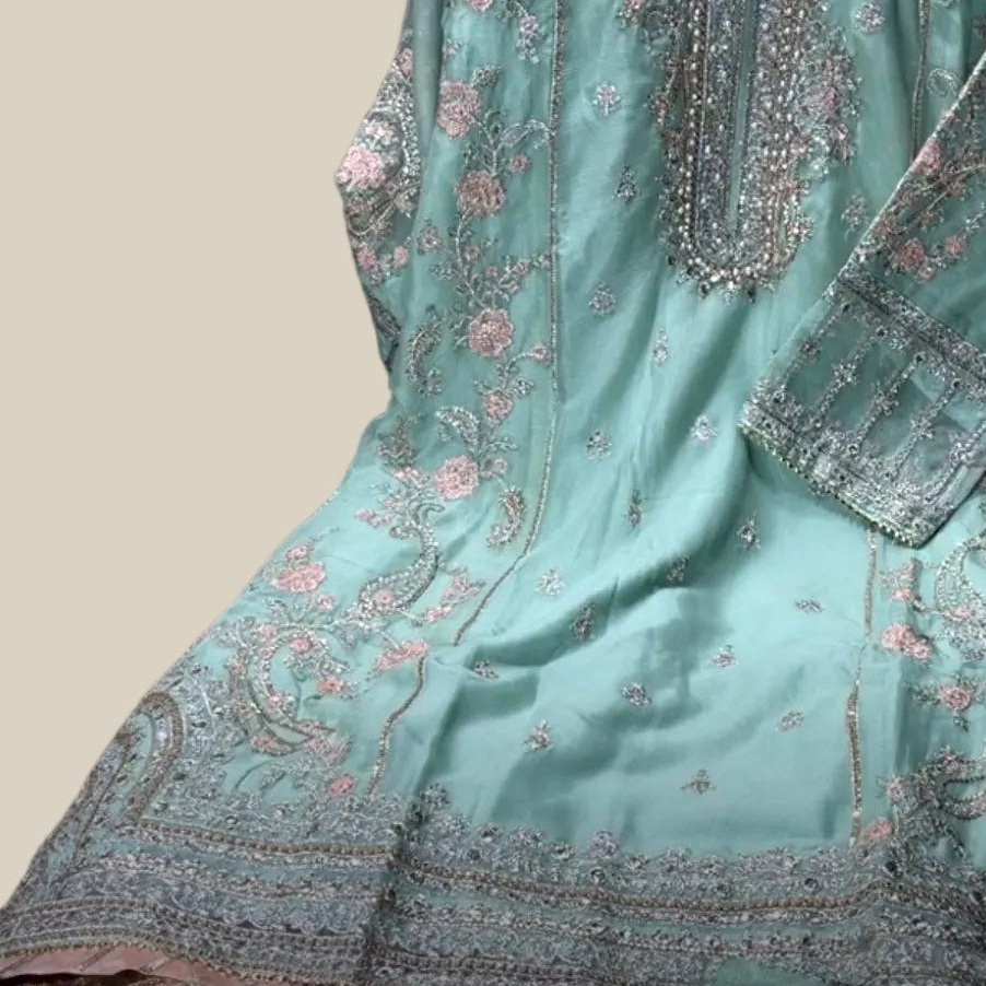 Agha Noor Inspired Green Embroidered Chiffon –Stitched 3pc-RW3-79