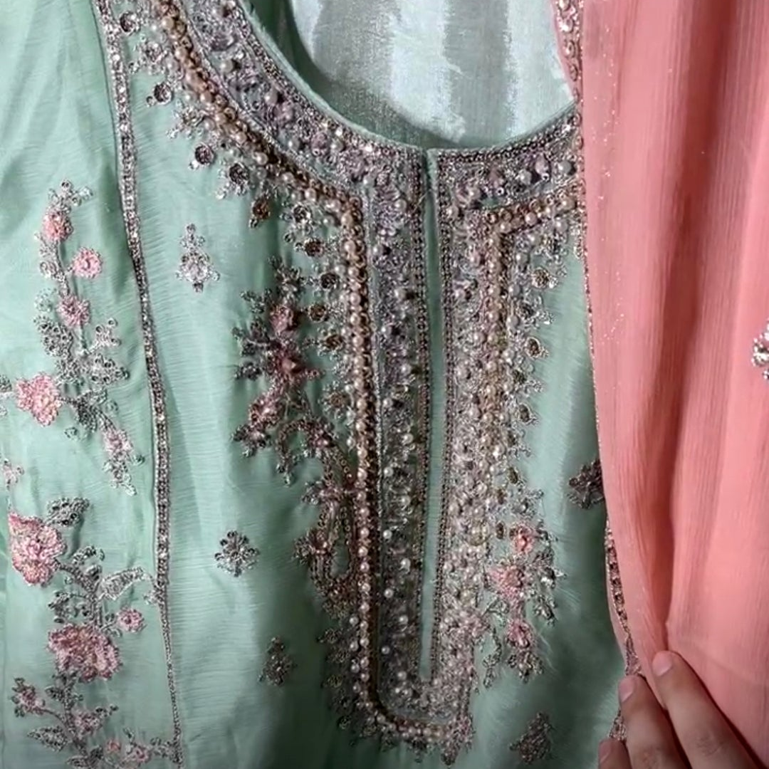 Agha Noor Inspired Green Embroidered Chiffon –Stitched 3pc-RW3-79