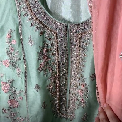 Agha Noor Inspired Green Embroidered Chiffon –Stitched 3pc-RW3-79