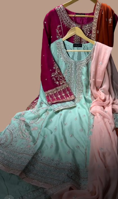 Agha Noor Inspired Green Embroidered Chiffon –Stitched 3pc-RW3-79