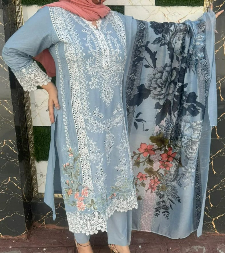 Blue Embroidered Lawn 3pc PRET for Women Online Dubai