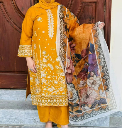 Mustard Embroidered Lawn 3PC ready to wear for women