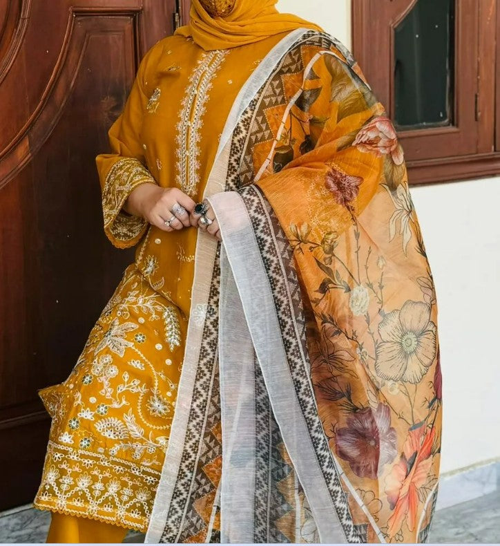 Women Mustard Embroidered Lawn 3PC ready to wear