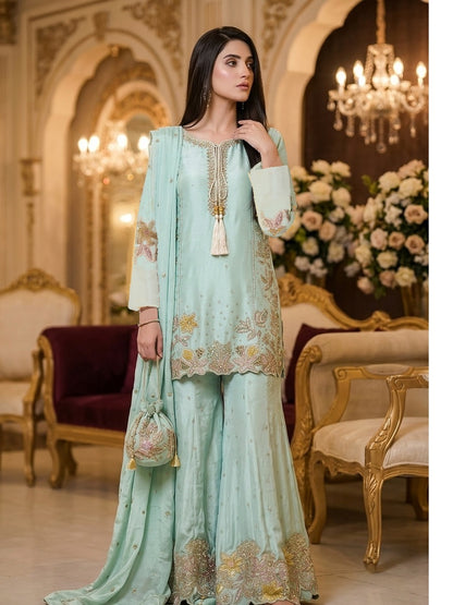 Embroidered Aqua Sheesha Silk Palazzo Suit – Stitched 3pc-RW3-141