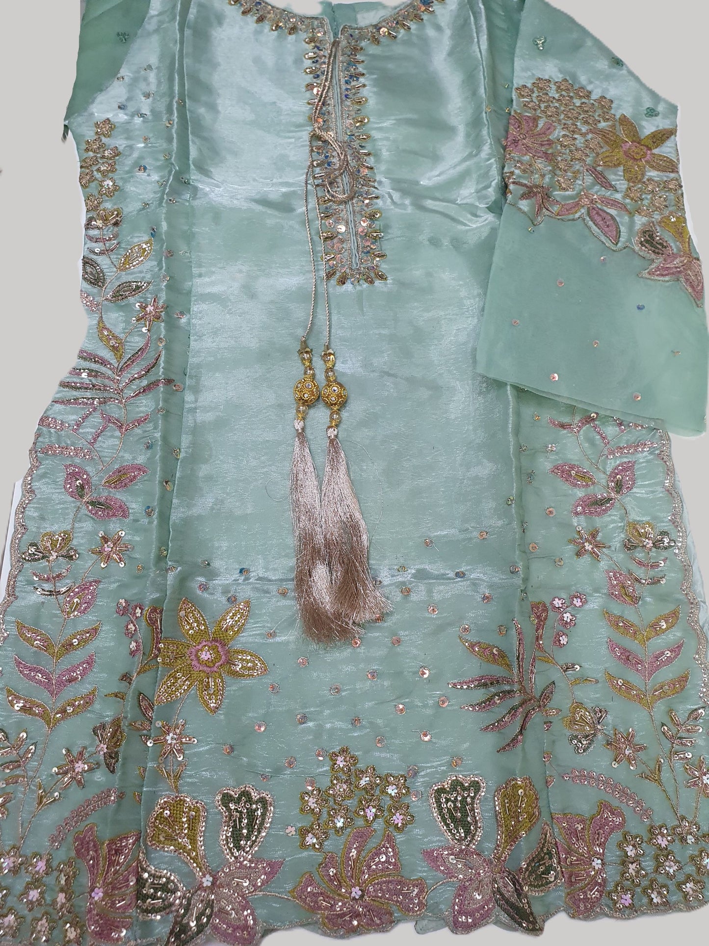 Embroidered Aqua Sheesha Silk Palazzo Suit – Stitched 3pc-RW3-141
