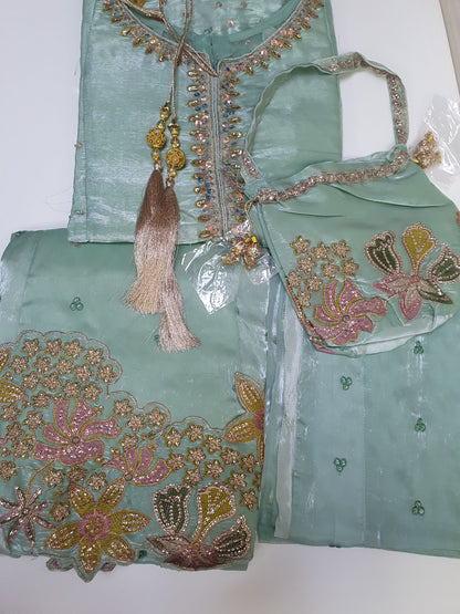 Embroidered Aqua Sheesha Silk Palazzo Suit – Stitched 3pc-RW3-141