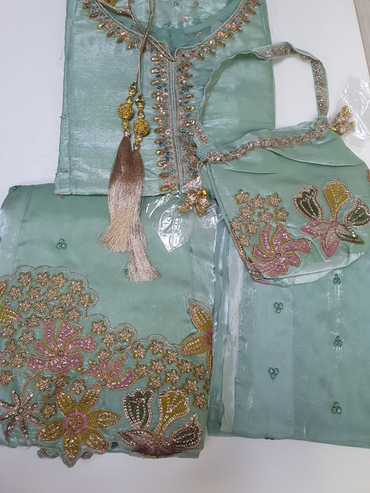 Embroidered Aqua Sheesha Silk Palazzo Suit – Stitched 3pc-RW3-141