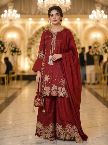Embroidered Maroon Sheesha Silk Palazzo Suit – Stitched 3pc-RW3-142