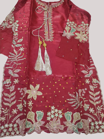 Embroidered Maroon Sheesha Silk Palazzo Suit – Stitched 3pc-RW3-142