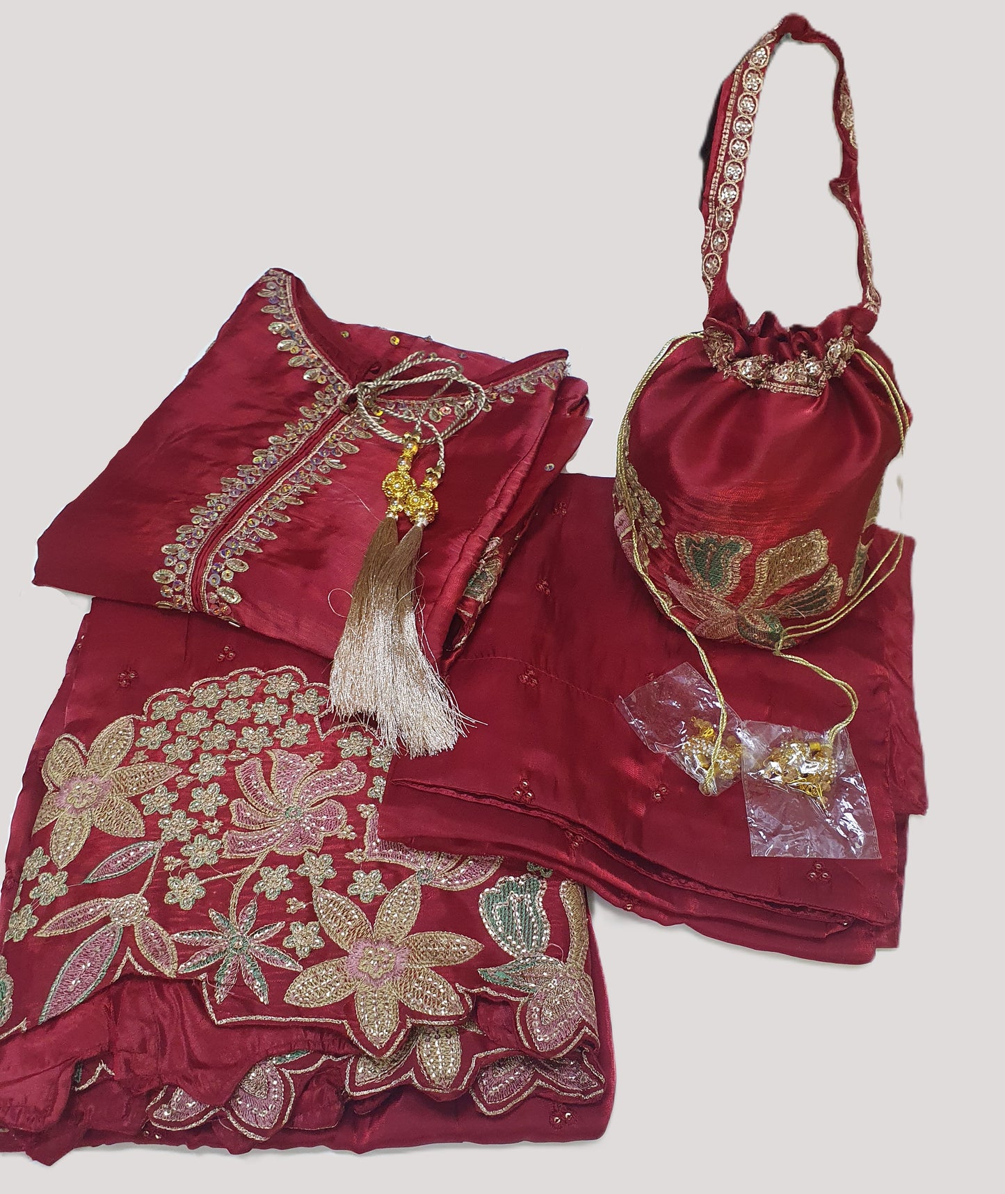 Embroidered Maroon Sheesha Silk Palazzo Suit – Stitched 3pc-RW3-142