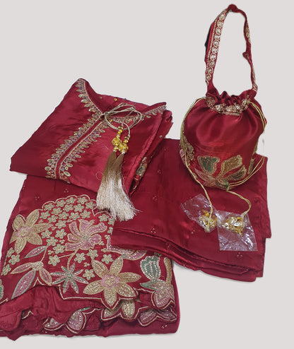 Embroidered Maroon Sheesha Silk Palazzo Suit – Stitched 3pc-RW3-142