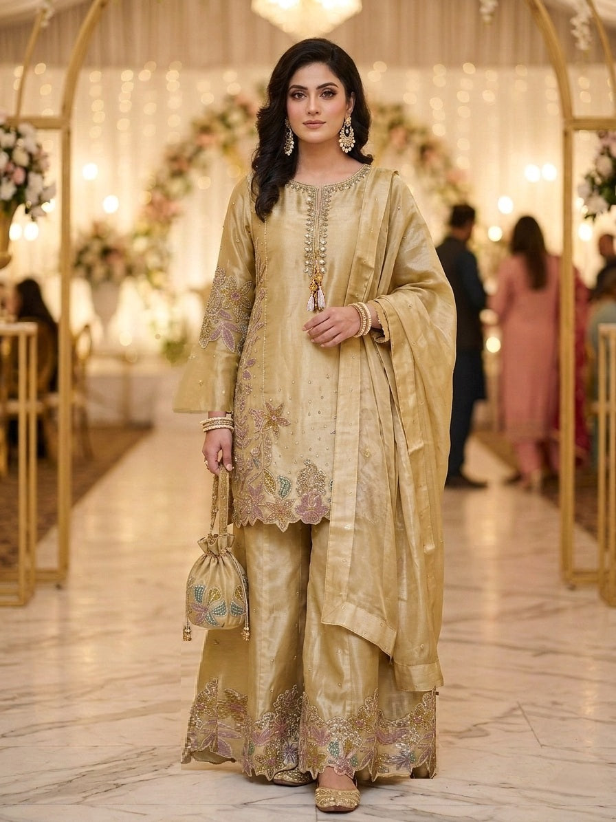 Embroidered Beige Sheesha Silk Plazzo Suit – Stitched 3pc-RW3-143
