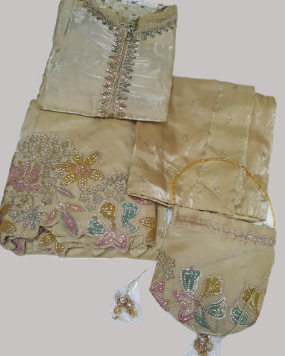 Embroidered Beige Sheesha Silk Plazzo Suit – Stitched 3pc-RW3-143