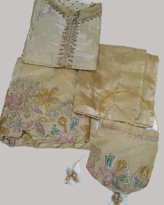 Embroidered Beige Sheesha Silk Plazzo Suit – Stitched 3pc-RW3-143