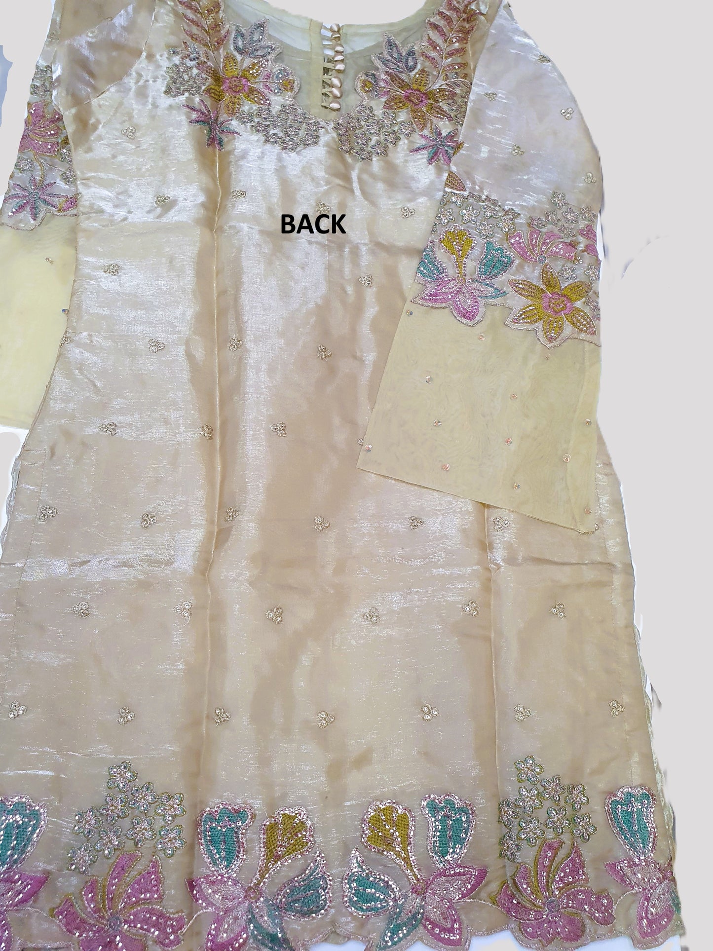 Embroidered Beige Sheesha Silk Plazzo Suit – Stitched 3pc-RW3-143
