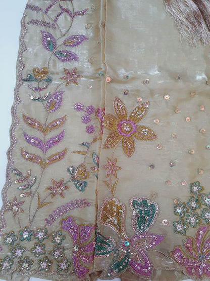 Embroidered Beige Sheesha Silk Plazzo Suit – Stitched 3pc-RW3-143