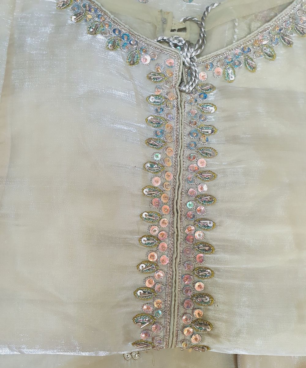 Embroidered Beige Sheesha Silk Plazzo Suit – Stitched 3pc-RW3-143