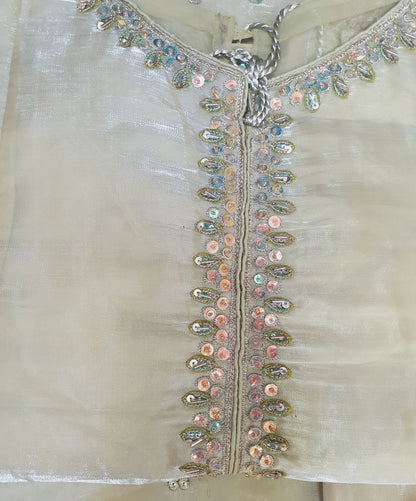 Embroidered Beige Sheesha Silk Plazzo Suit – Stitched 3pc-RW3-143